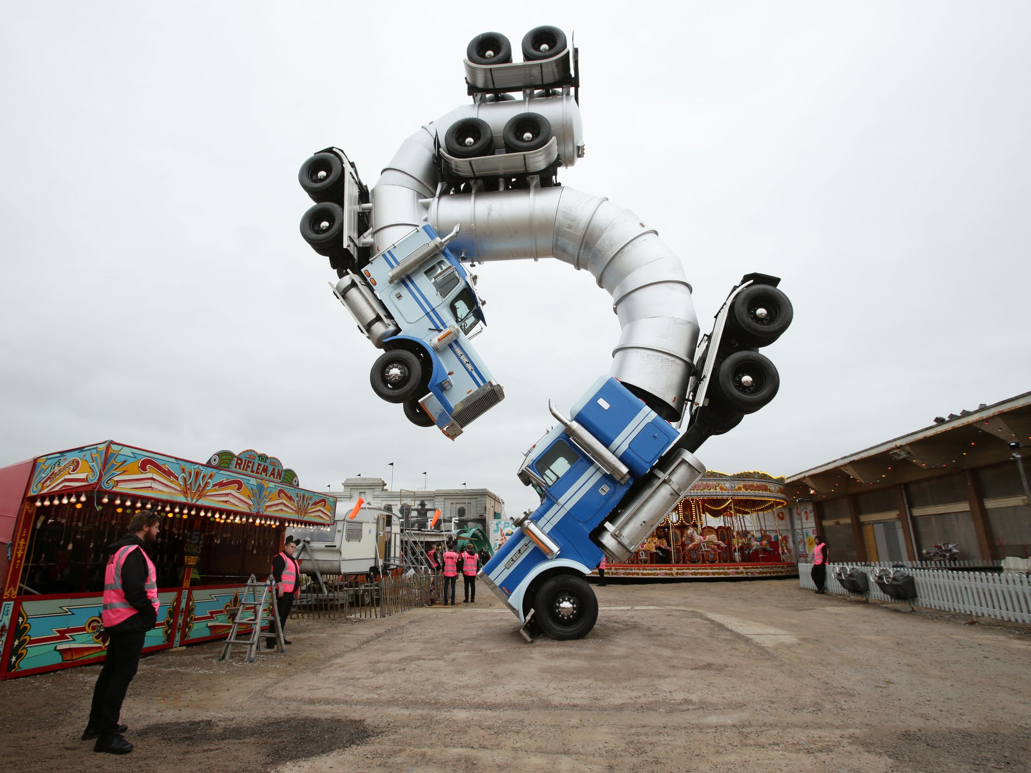 Big Rig Jig, an artwork by Mike Ross, on display at Dismaland - Bemusement Park, Banksy's biggest show to date, in Western-super-Mare, Somerset.