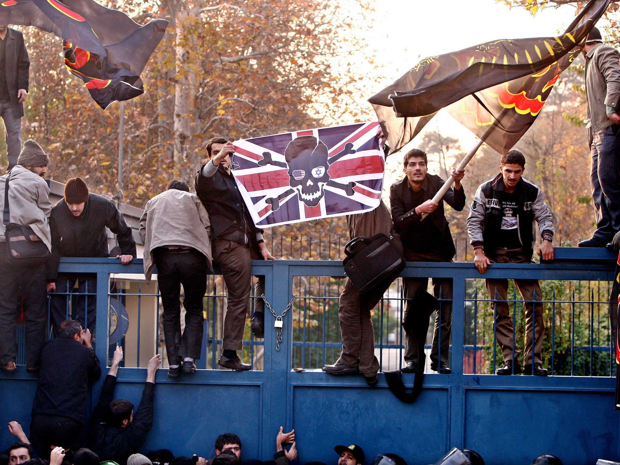 Hundreds of Iranian students breaking into the British embassy, in Tehran, Iran, 29 November 2011