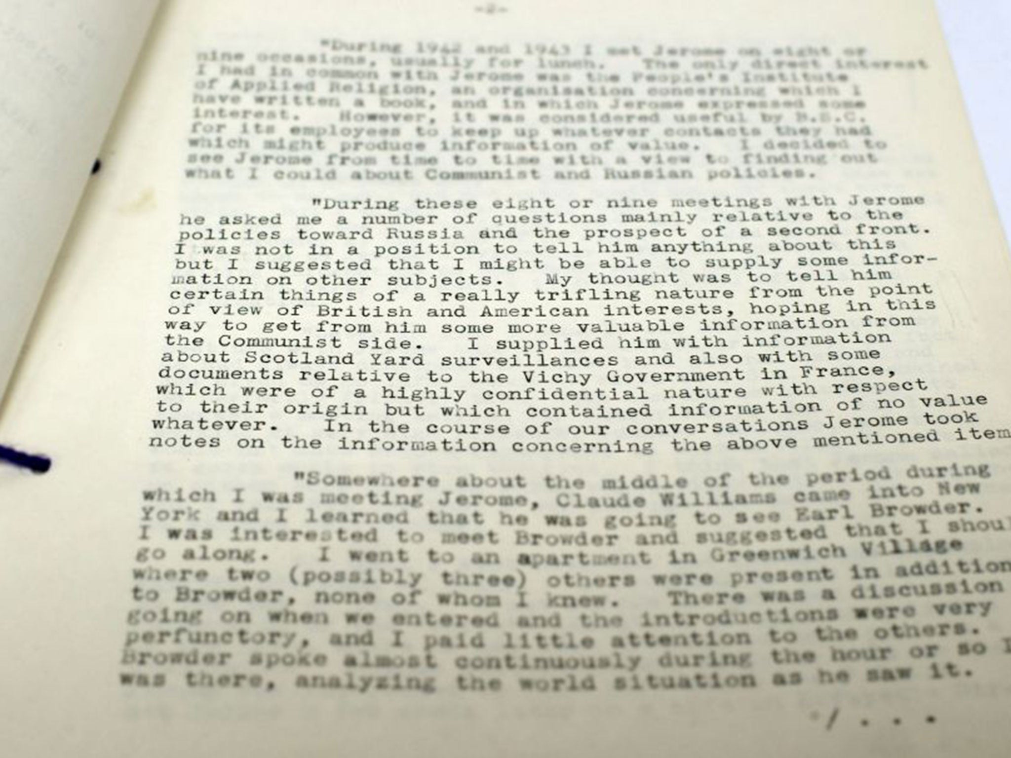 File from the National Archives in Kew, London in which Cedric Belfrage admits spying for the Russians during the Second World War.