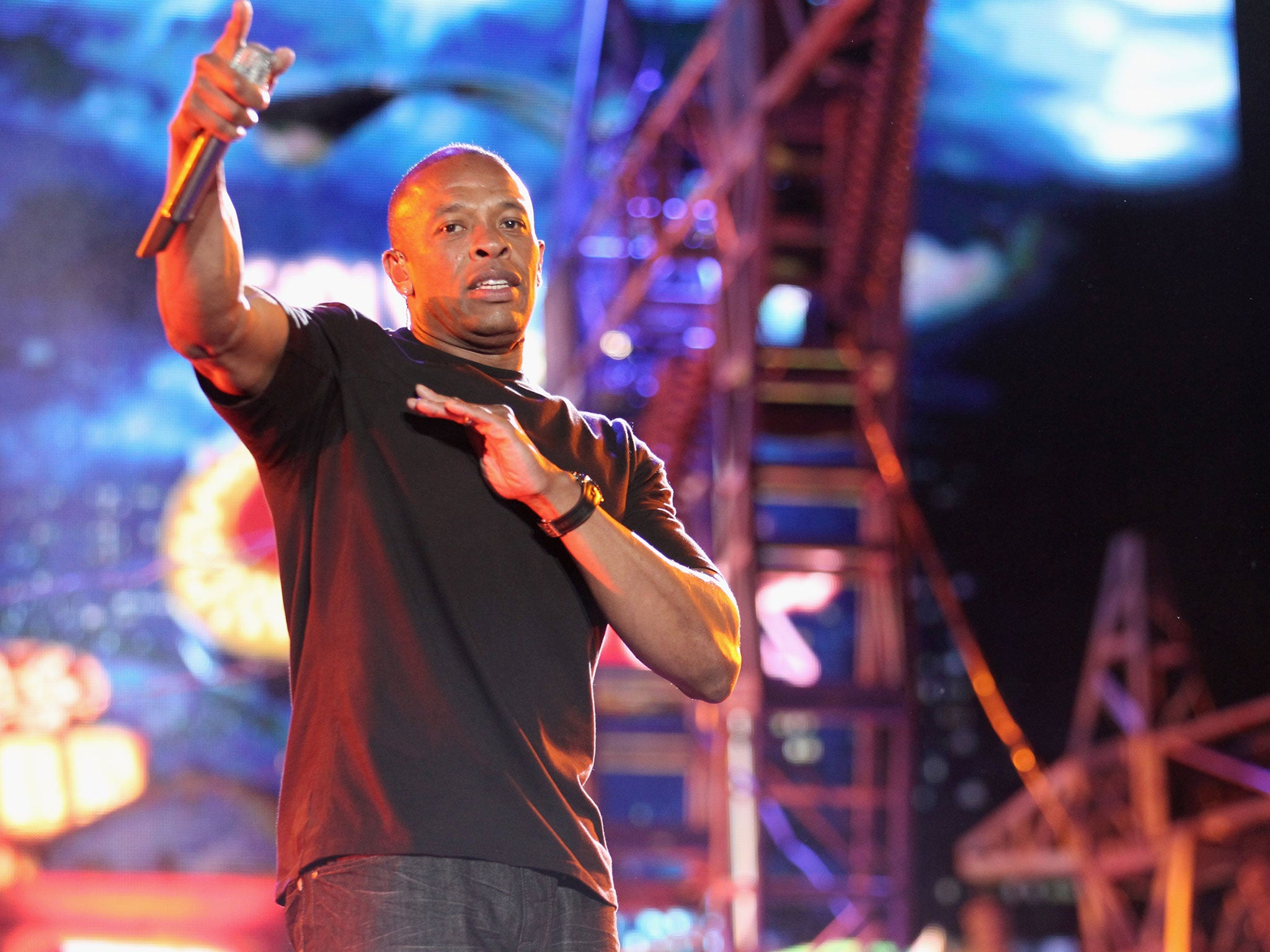 Rapper Dr. Dre performs onstage during day 3 of the 2012 Coachella Valley Music &amp; Arts Festival