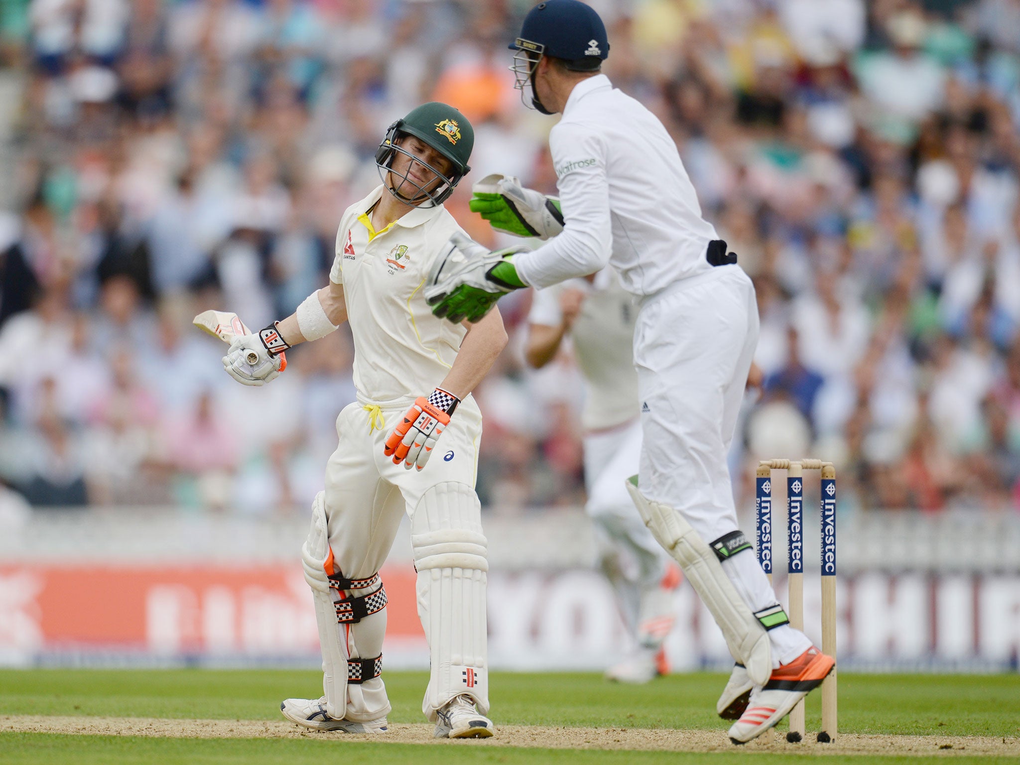 Australia's David Warner reacts after being dismissed