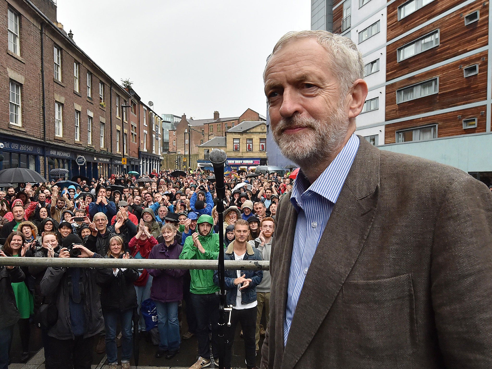 Labour leadership candidate Jeremy Corbyn speaks outside the Tyne Theatre and Opera House, Newcastle