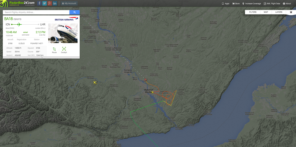 A Radar Box image showing the diversion to BA18's flight path