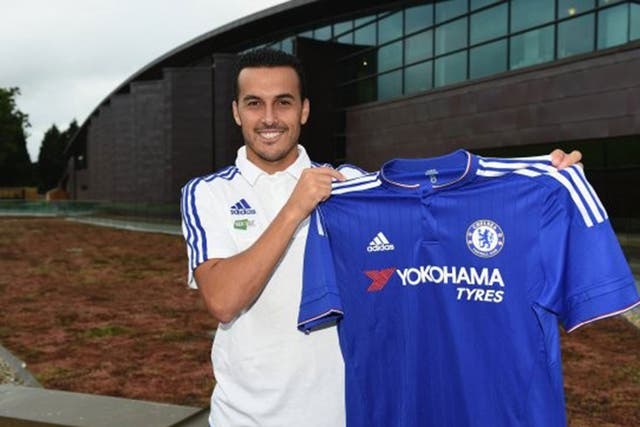 Pedro poses with his new Chelsea shirt