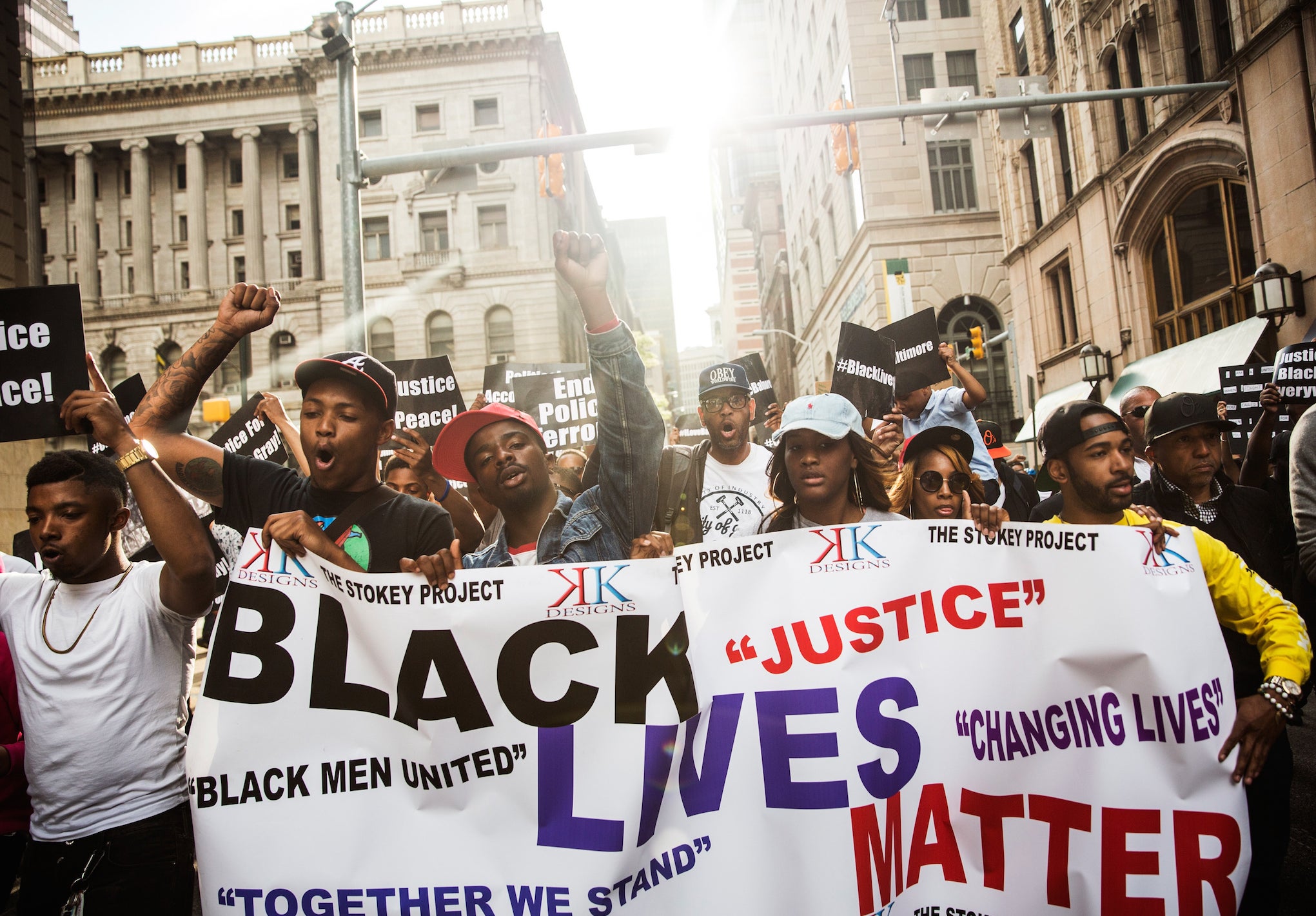 Protesters march in Baltimore demanding police accountability and racial equality following the death of Freddie Gray on 30 April 2015.