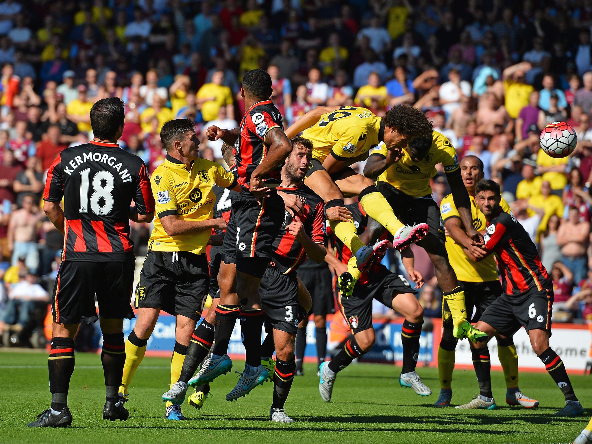 Rudy Gestede shows his power by getting in front of Simon Francis to head Aston Villa’s winner at Bournemouth on the opening day of the season