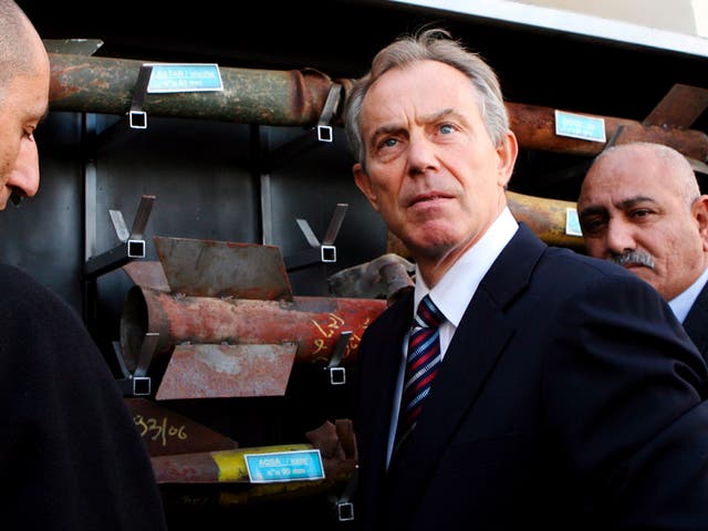 Tony Blair looks at exploded rockets on display in the Israeli town of Sderot in 2009 after his first visit to Gaza. The former Prime Minister has met Hamas representatives in the past three months 