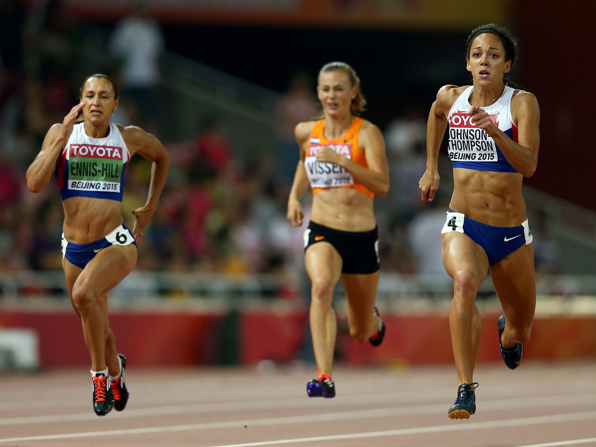 Katarina Johnson-Thompson (right) battles with Jessica Ennis-Hill (left)