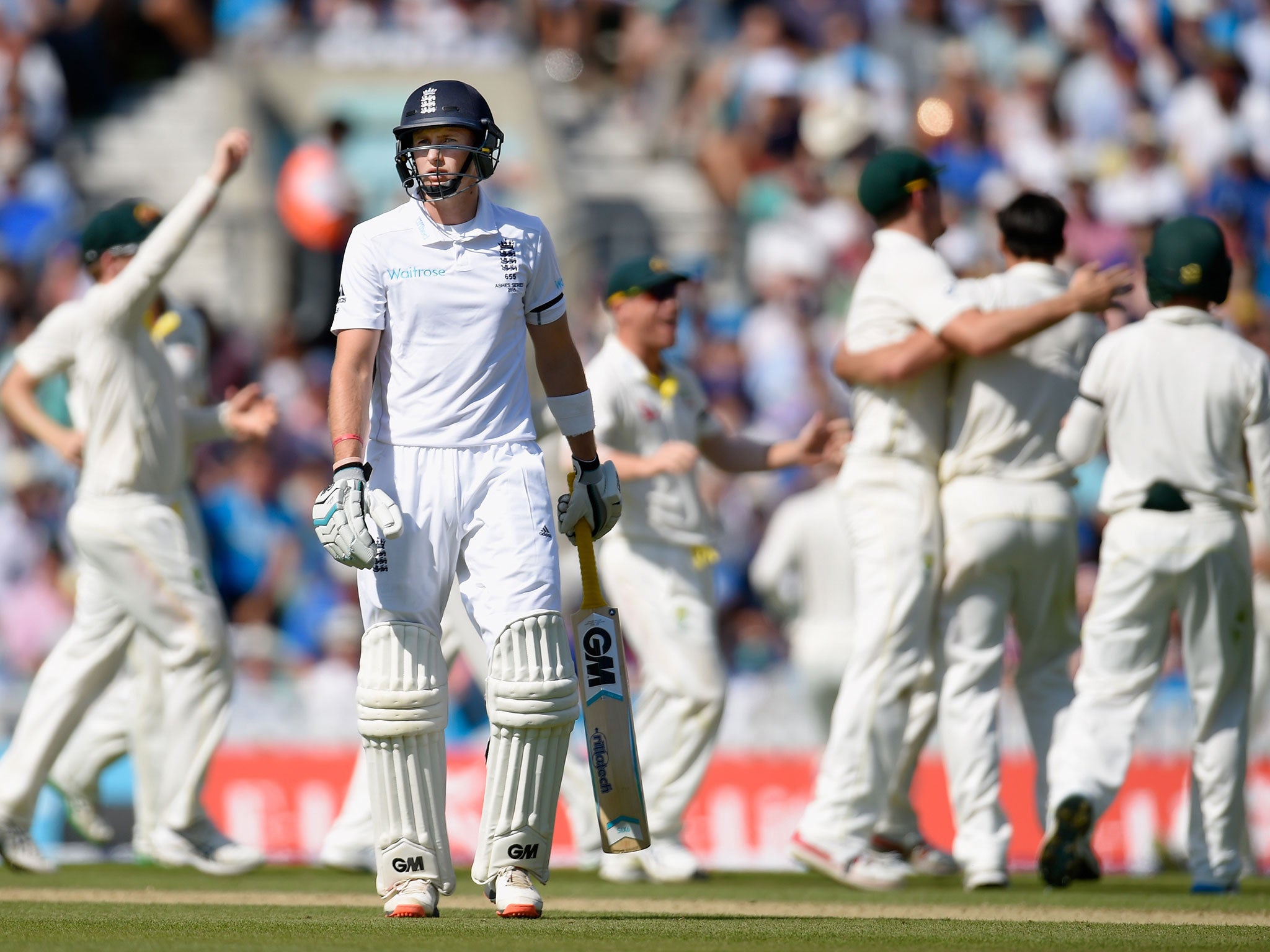 Joe Root is caught out on the boundary to leave England in trouble