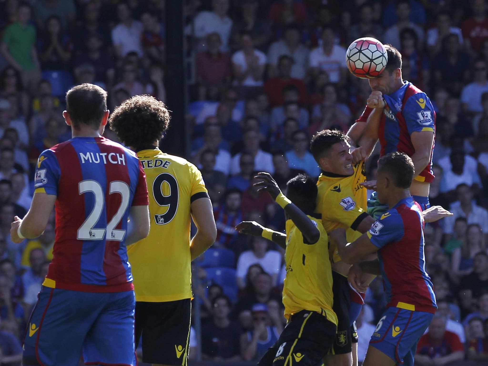 Scott Dann leaps highest to head Crystal Palace into the lead against Aston Villa