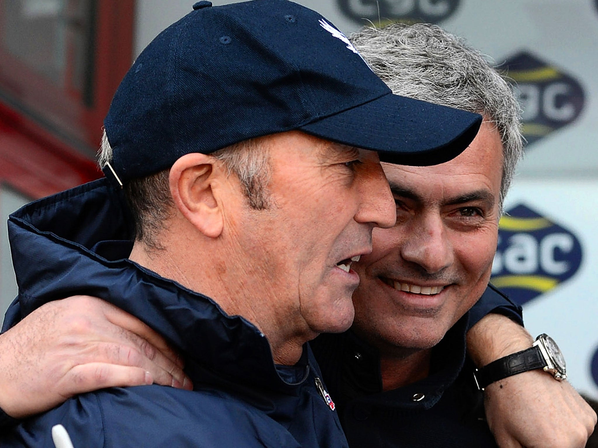 Tony Pulis and Jose Mourinho embrace at Selhurst Park