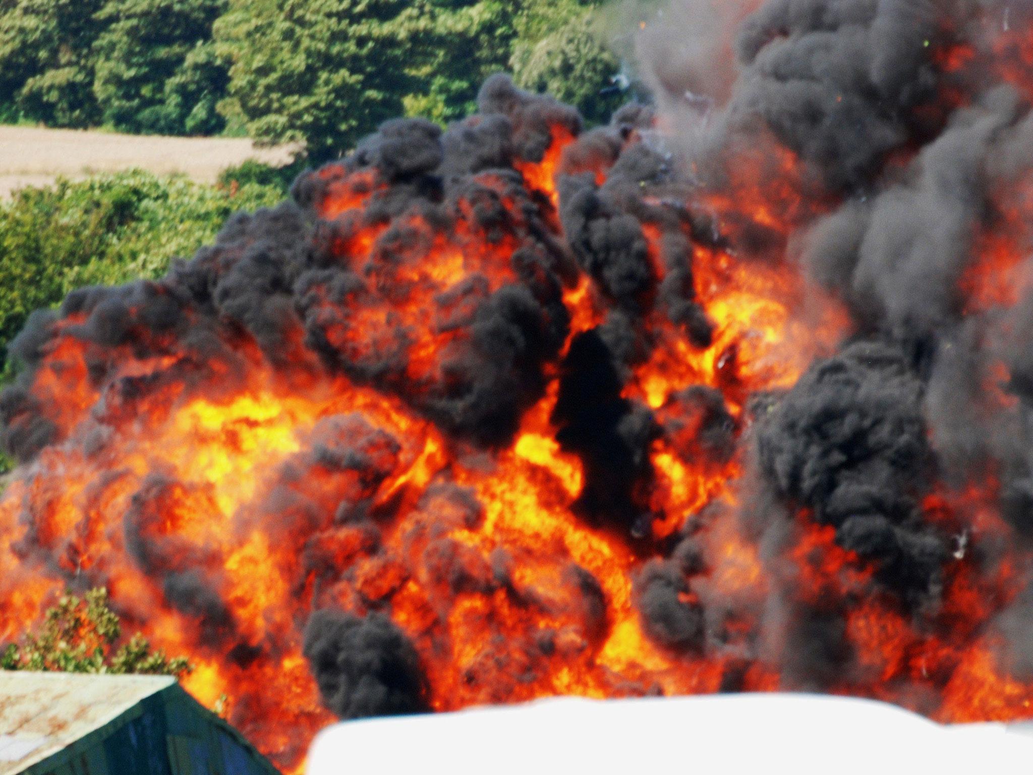An explosion at the Shoreham Air Show, in Sussex, Britain, 22 August 2015, after a fighter jet crashed