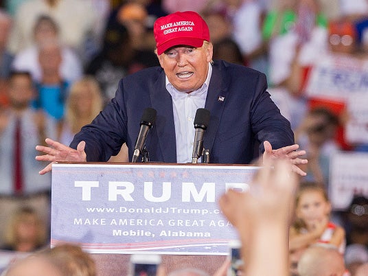 Republican presidential candidate Donald Trump speaking at a rally in Alabama