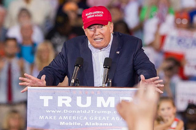 Republican presidential candidate Donald Trump speaking at a rally in Alabama