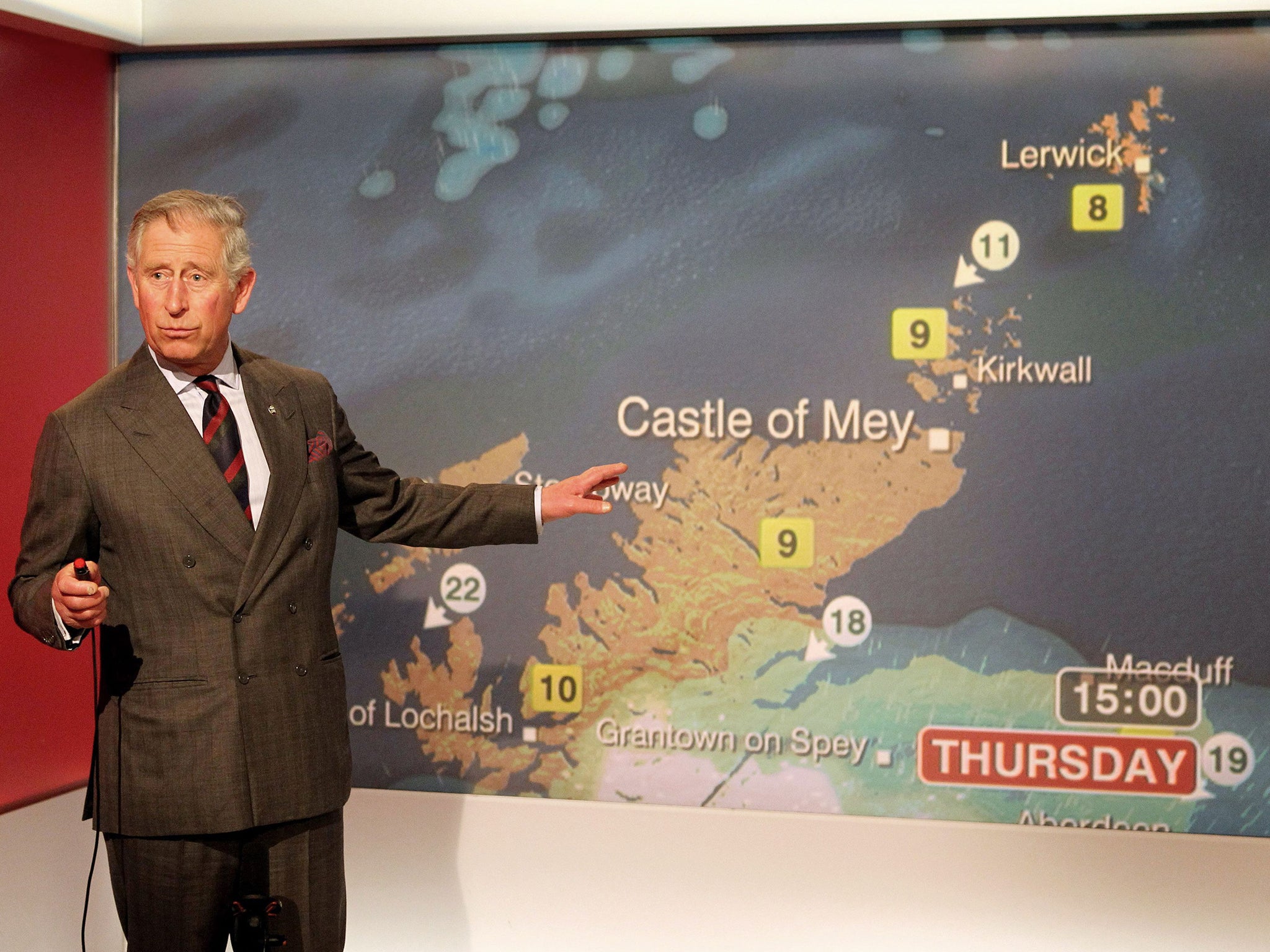 Prince Charles presents the weather during a special BBC Scotland broadcast in 2012