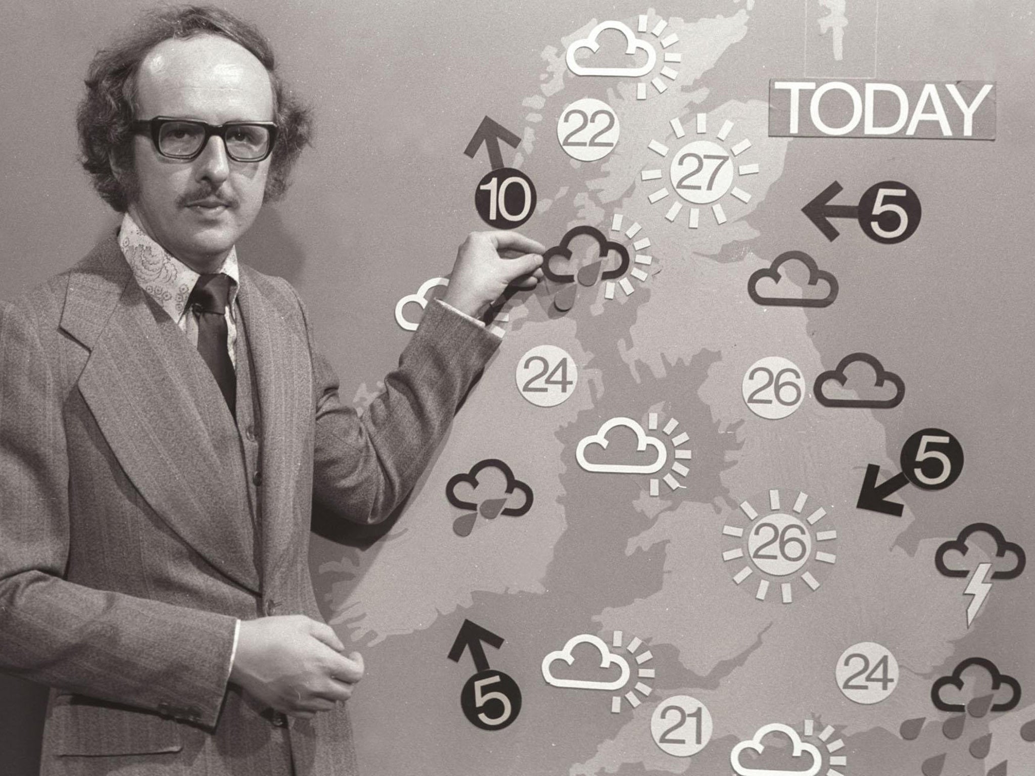 Darkening skies: Britain’s longest-serving TV weatherman Michael Fish, broadcasting in 1975
