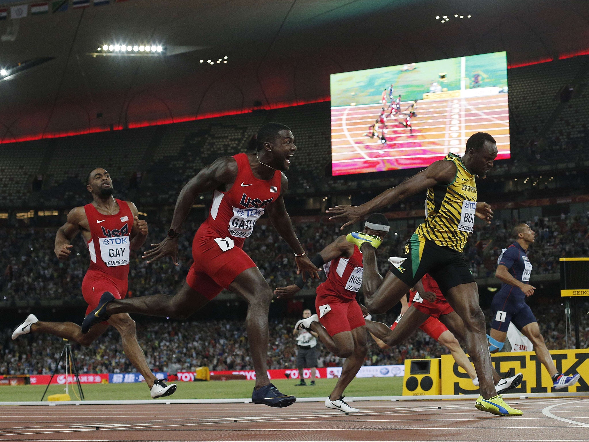 Usain Bolt and Justin Gatlin during the 100m final