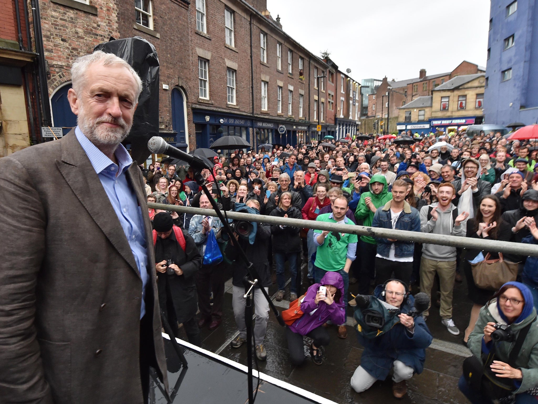 Jeremy Corbyn speaks outside the Tyne Theatre and Opera House, Newcastle, during his campaign.