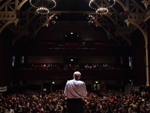 Jeremy Corbyn addresses over a thousand supporters at Middlesbrough Town Hall on August 18, 2015