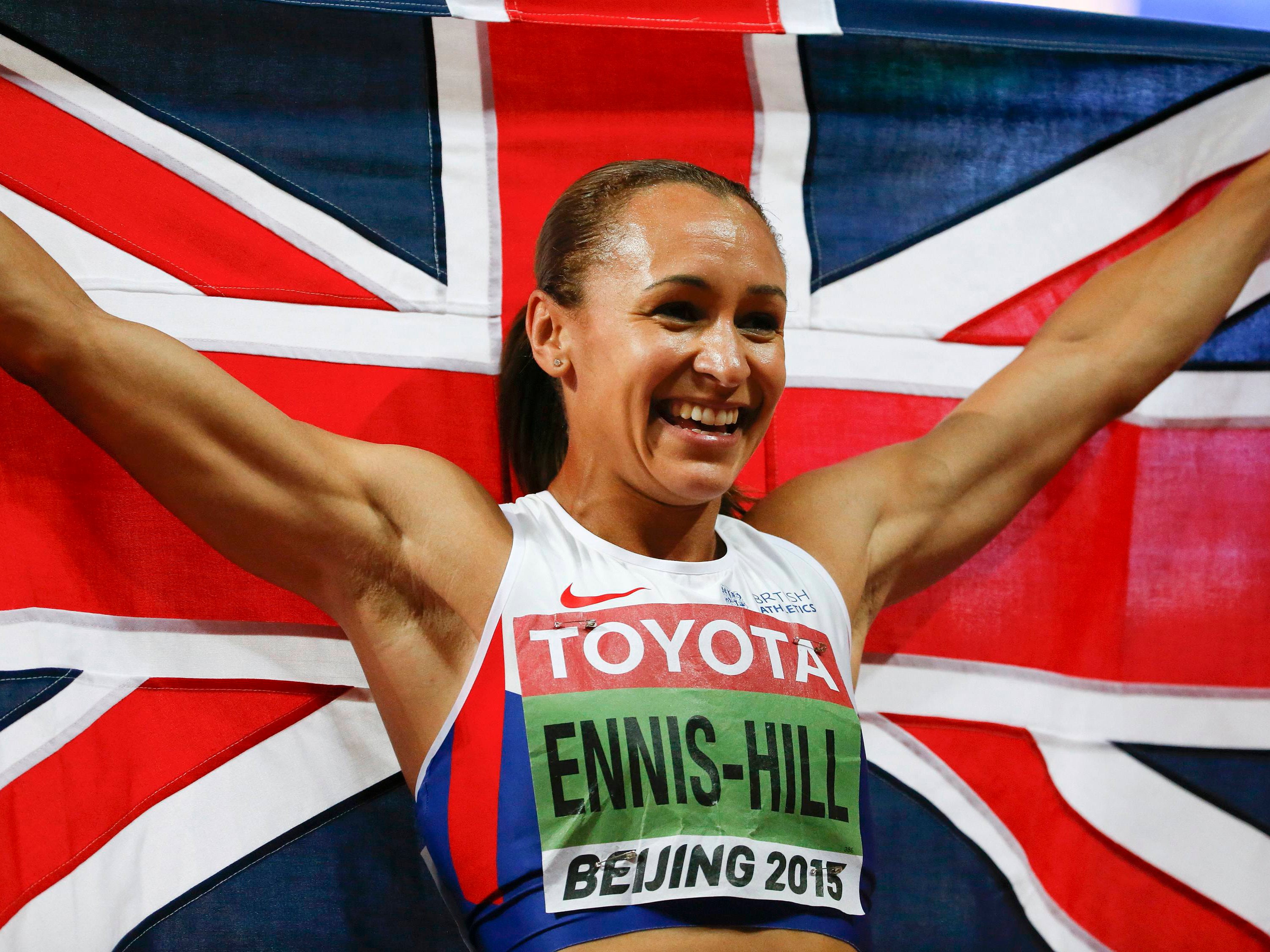 Jessica Ennis-Hill of Britain reacts after winning the women's heptathlon during the 15th IAAF World Championships at the National Stadium in Beijing, China
