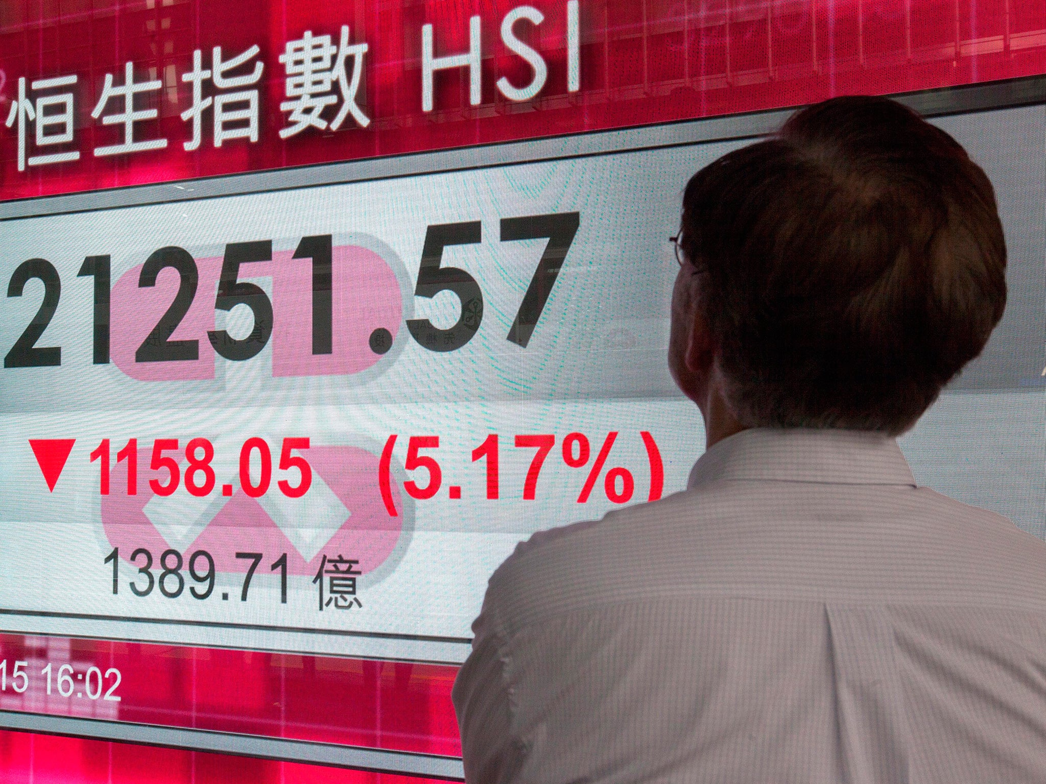 The Hang Seng Index plunged by 1,158.05 points, or 5.17 per cent, after a new wave of panic-selling hit the mainland Chinese stock market (EPA)