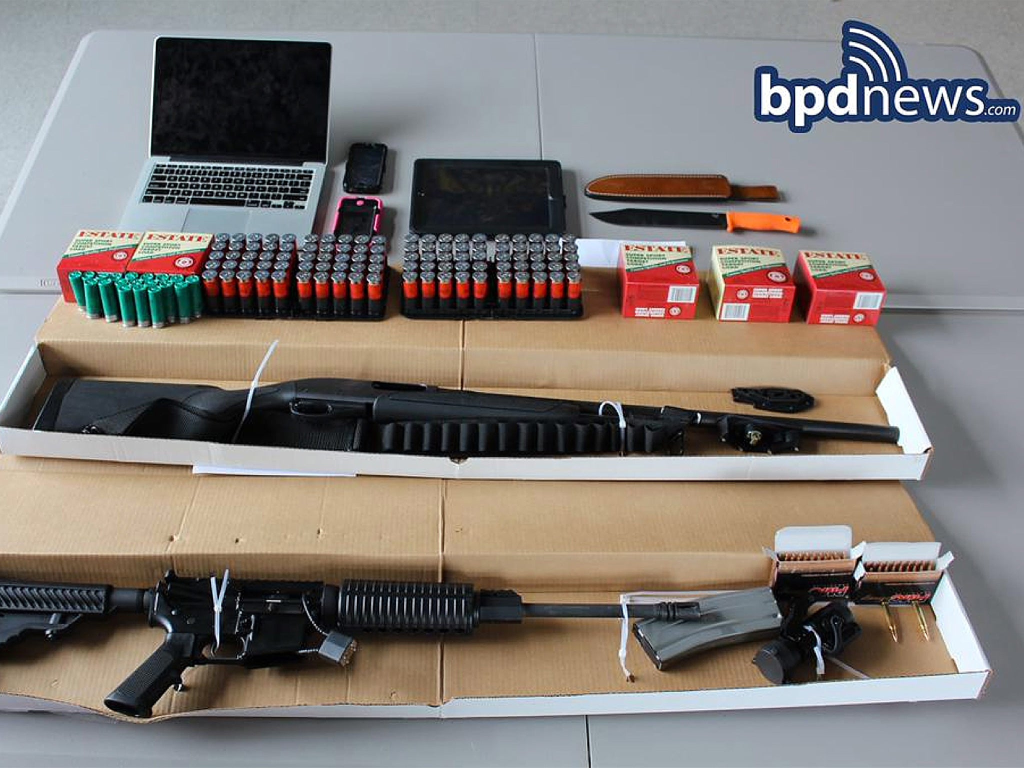 Weapons and ammunition seized by police from a vehicle after two men threatened on social media to kill attendees of the Pokemon World Championship