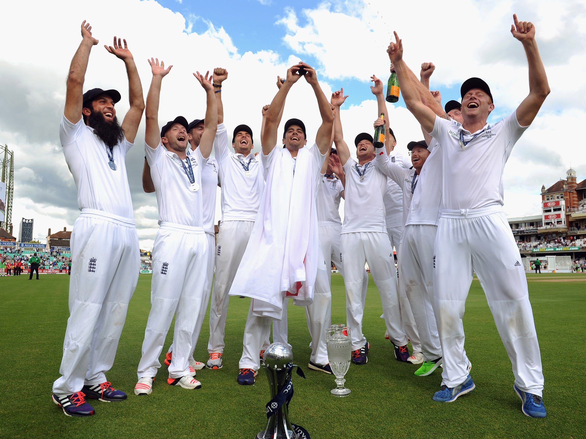 England players celebrate their Ashes victory on Sunday, with the next defence in 2017-18 to be shown on BT Sport