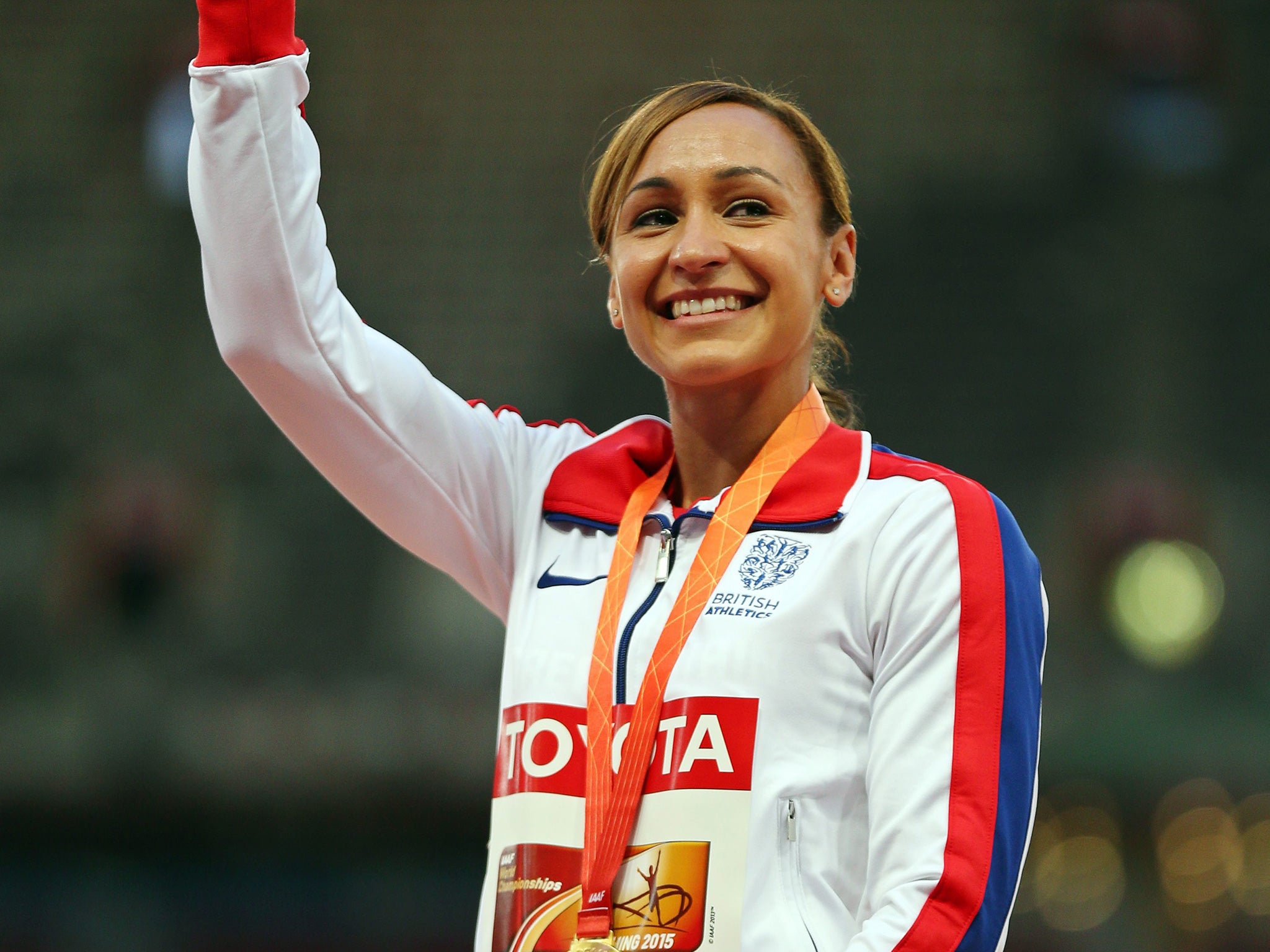 Jessica Ennis-Hill celebrates receiving her gold medal