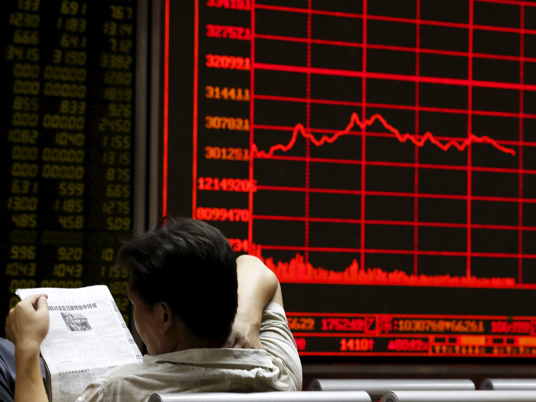 An investor reads a newspaper in front of an electronic board showing stock information at a brokerage house in Beijing, China. China's major stock indexes sank more than 6 percent in early trade on Tuesday, after a catastrophic Monday that saw Chinese e