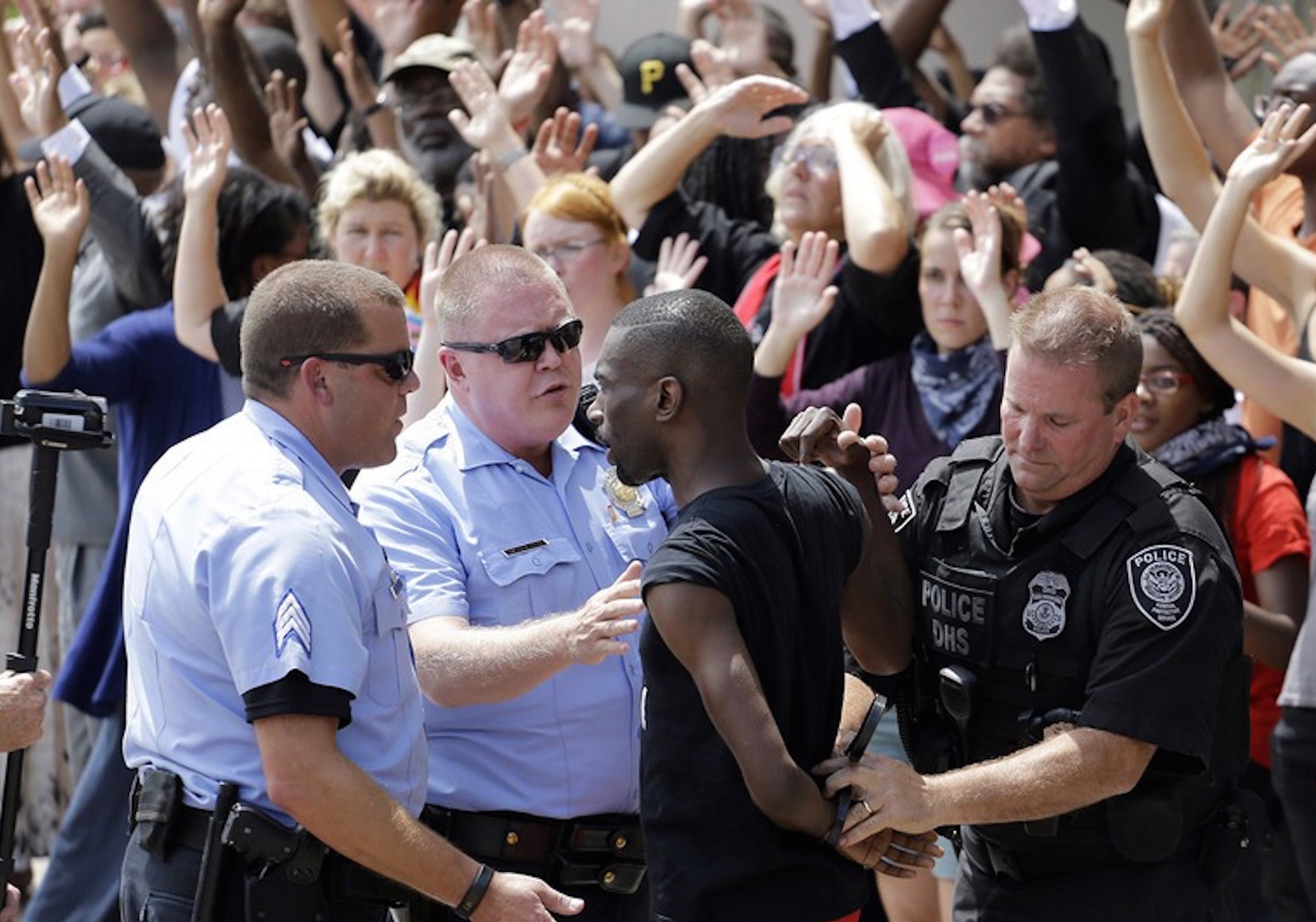 DeRay Mckeeson is arrested during a protest at the Thomas F Eagleton Federal Courthouse in St Louis.