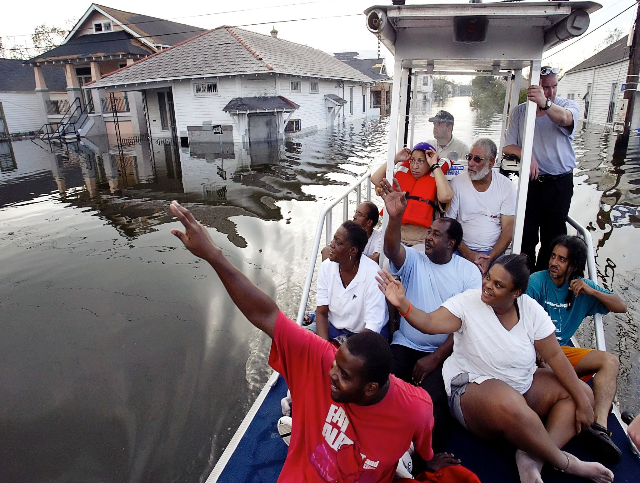 New Orleans residents shout out to neighbours as they are rescued during Hurricane Katrina