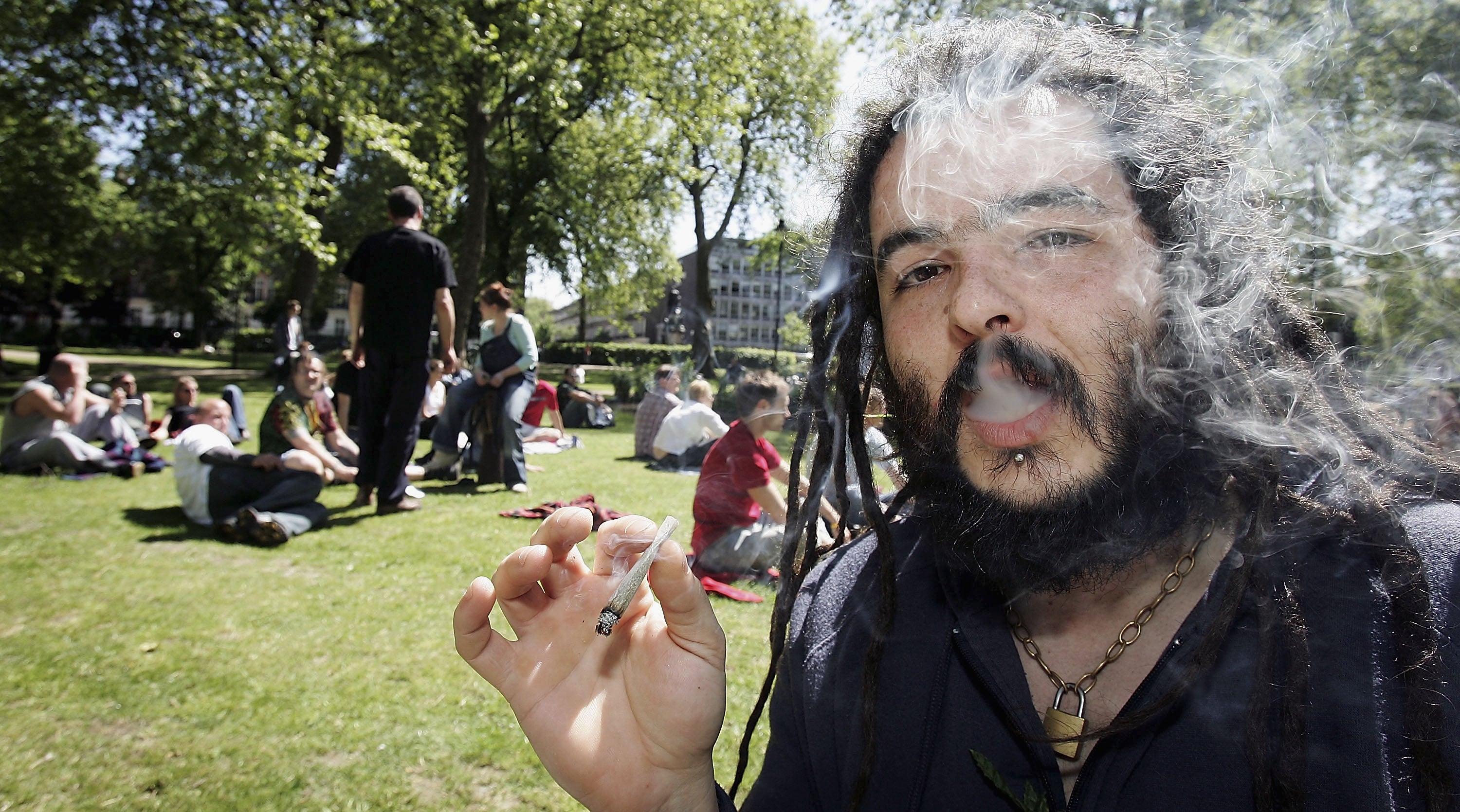 People gather in Russell Square before a pro-cannabis legalisation march in London