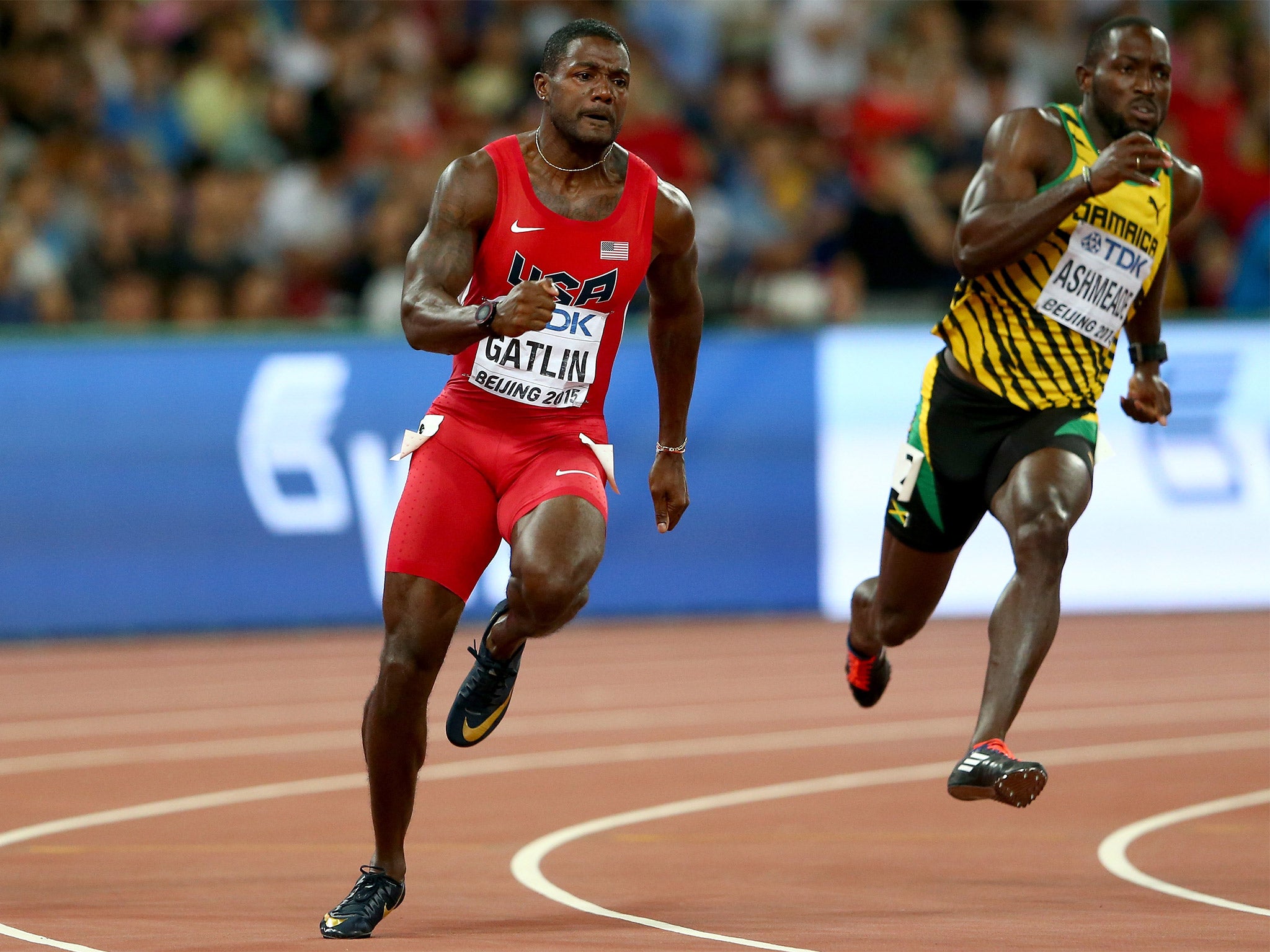 Justin Gatlin in action against Usain Bolt last year