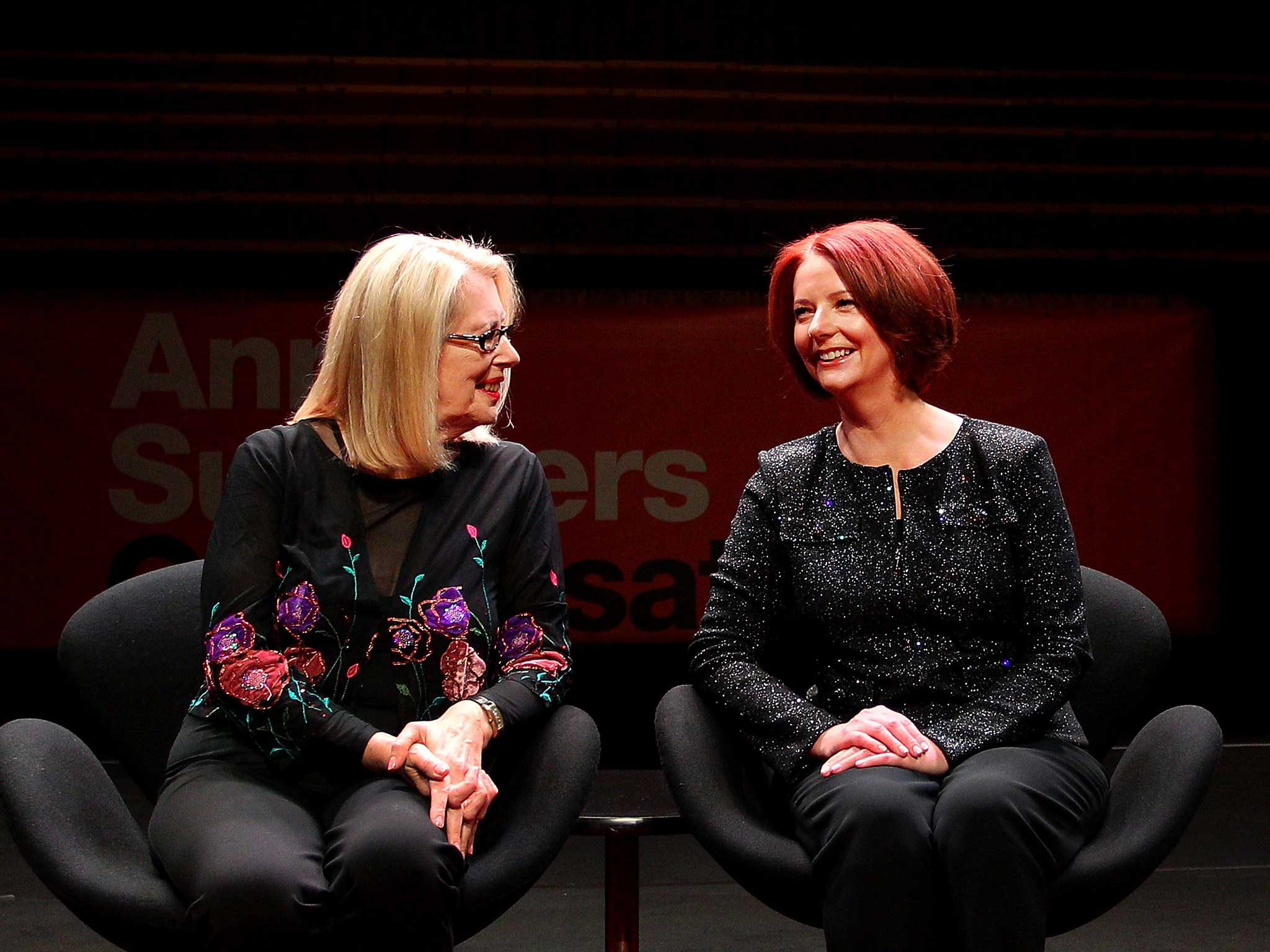 Anne Summers (left) in conversation with Julia Gillard (right)