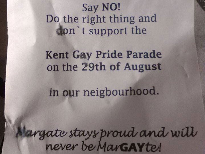 The leaflet was sent ahead of the Kent Gay Pride Parade on 29 August