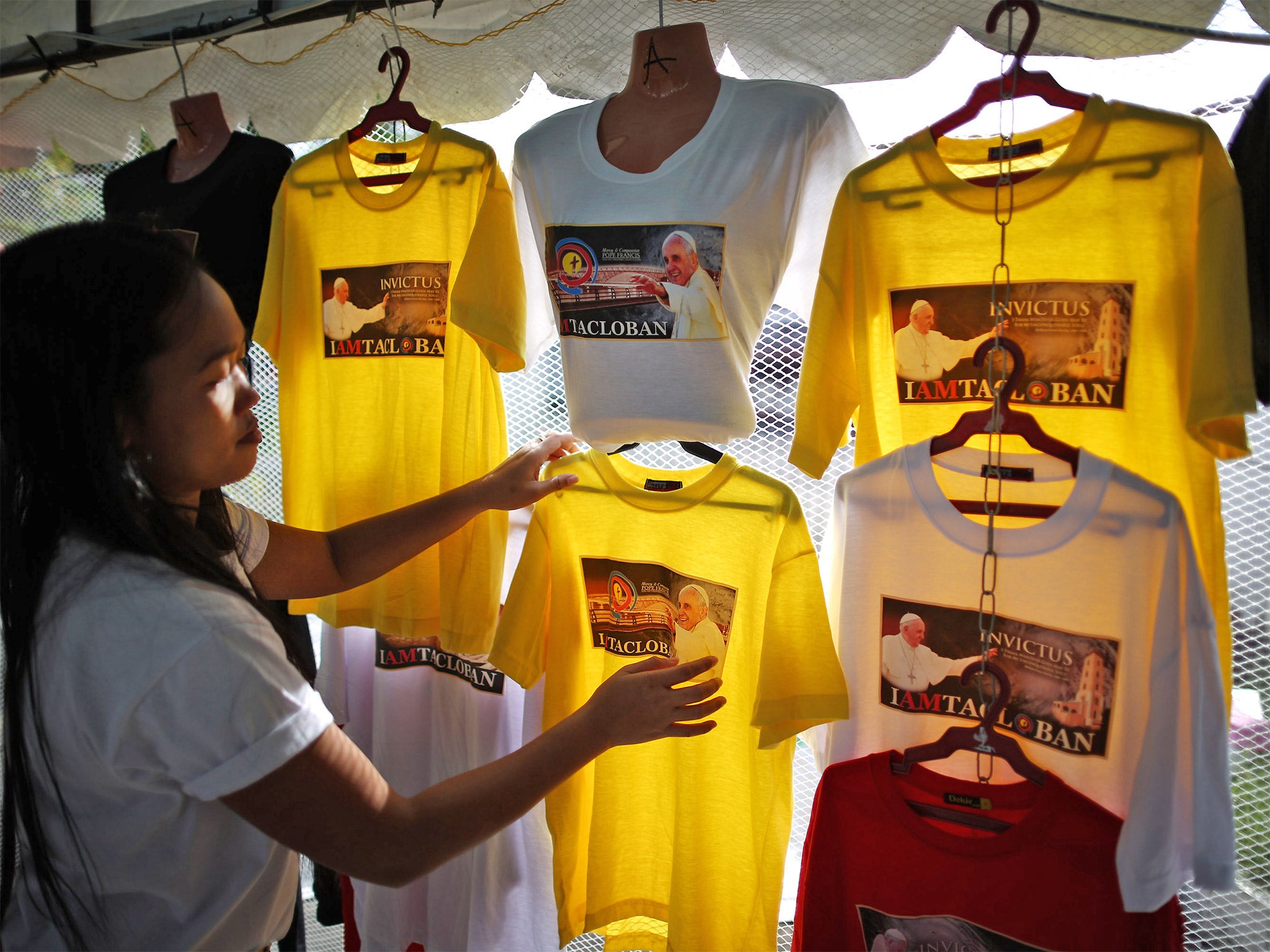 Souvenir Pope Francis t-shirts for sale in Tacloban, Philippines, earlier this year (Getty)