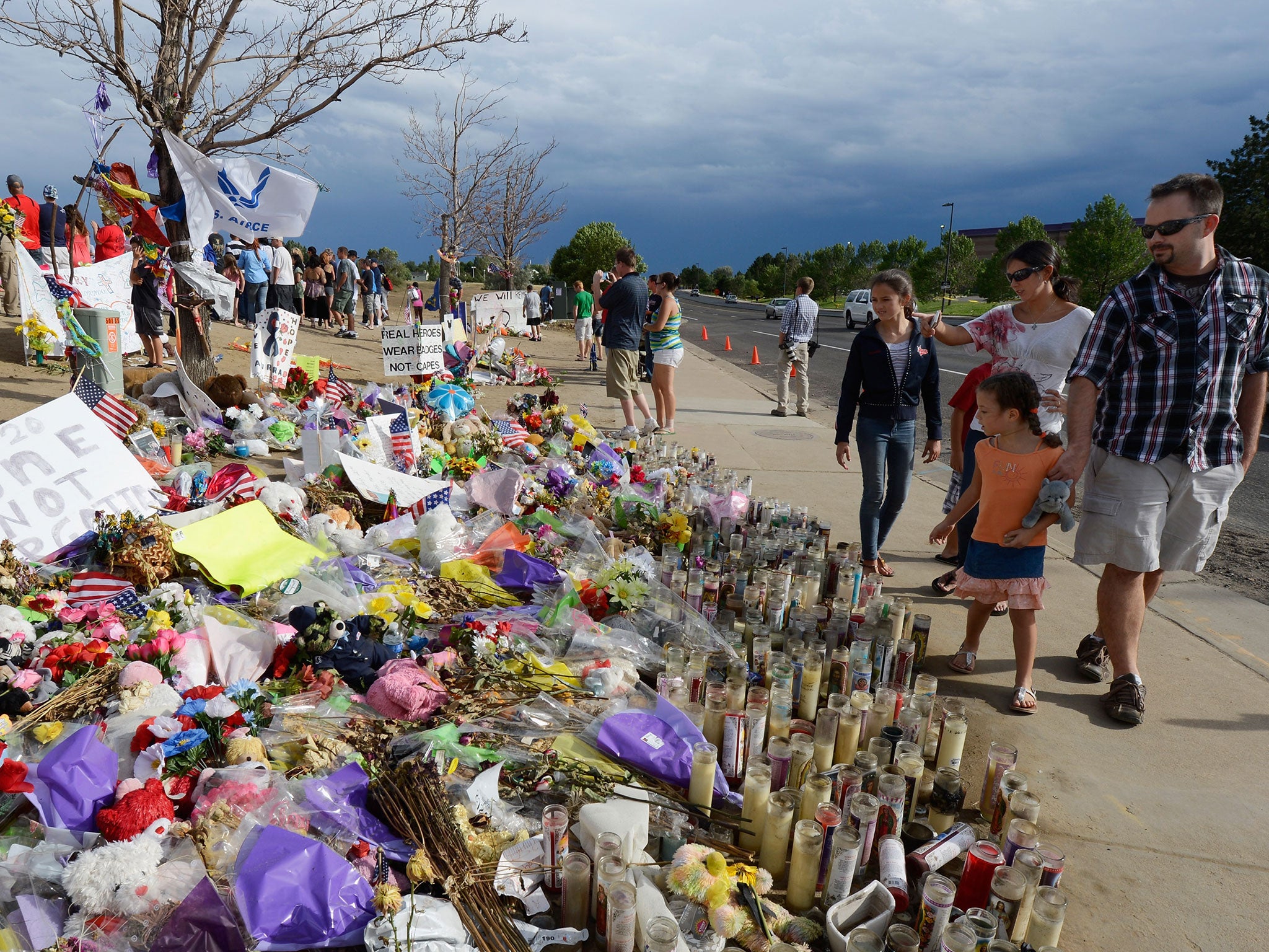 A roadside memorial set up for victims of the Colorado theater shooting massacre across the street from Century 16 movie theater July 29, 2012 in Aurora, Colorado.
