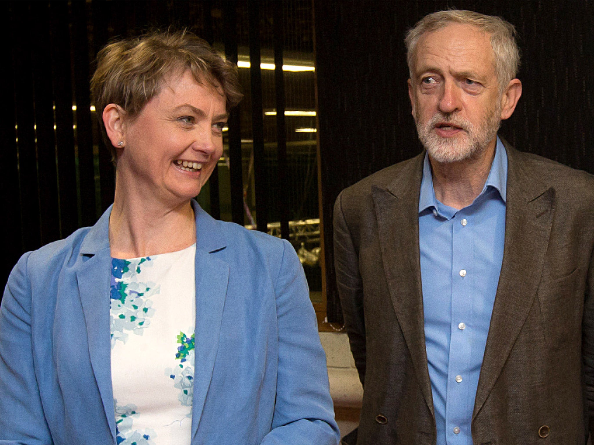 Labour leadership candidates Yvette Cooper and Jeremy Corbyn in Stevenage on Tuesday
