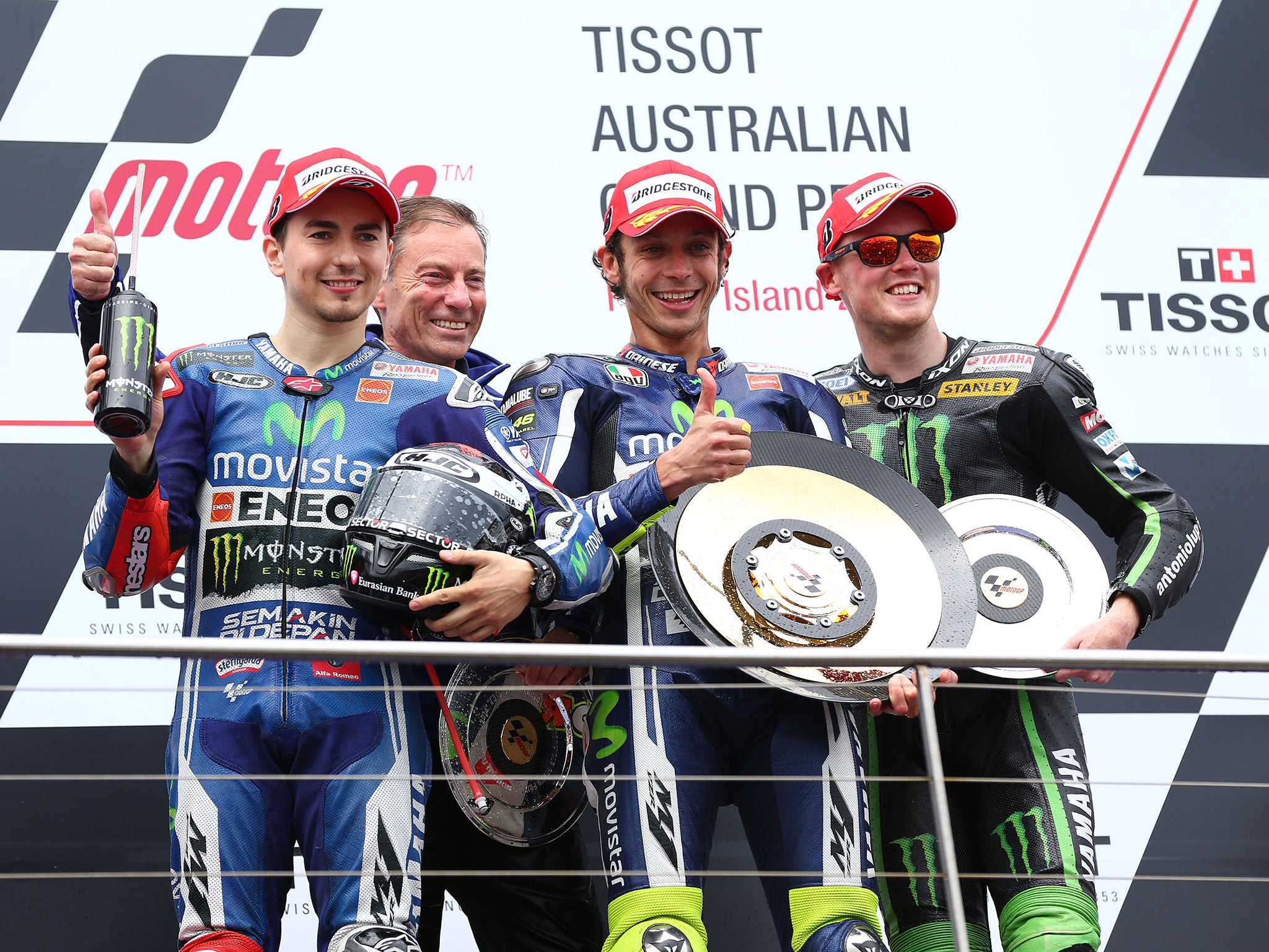 Smith (right) alongside Jorge Lorenzo (left) and Valentino Rossi at Phillip Island last season