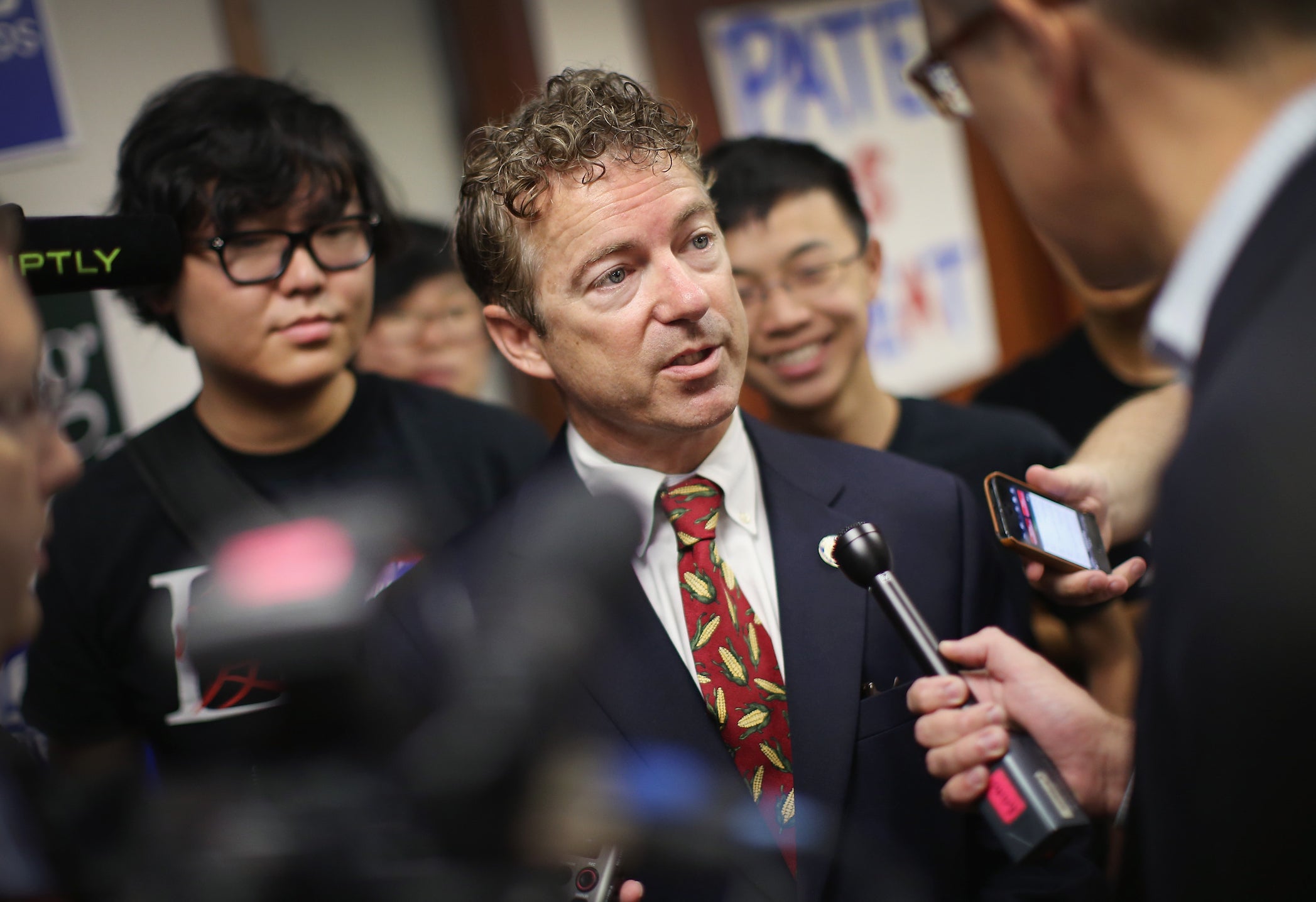 Rand Paul speaks to guests at the GOP Des Moines Victory Office in Urbandale, Iowa.