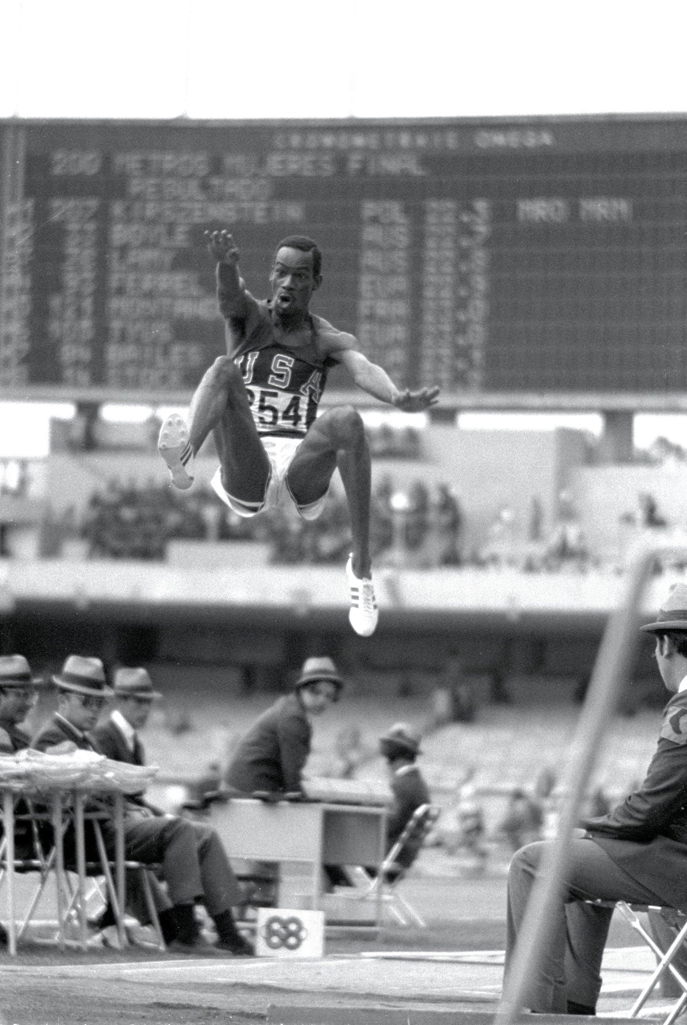 Bob Beamon produces his freak jump in the Mexico City Olympics in 1968