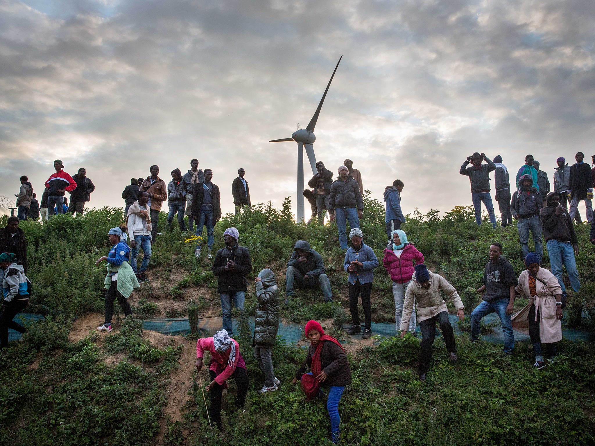 Migrants walk down a slope beside a road leading to the Eurotunnel terminal in Coquelles on July 30, 2015