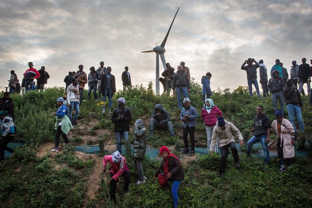 Migrants walk down a slope beside a road leading to the Eurotunnel terminal in Coquelles on July 30, 2015