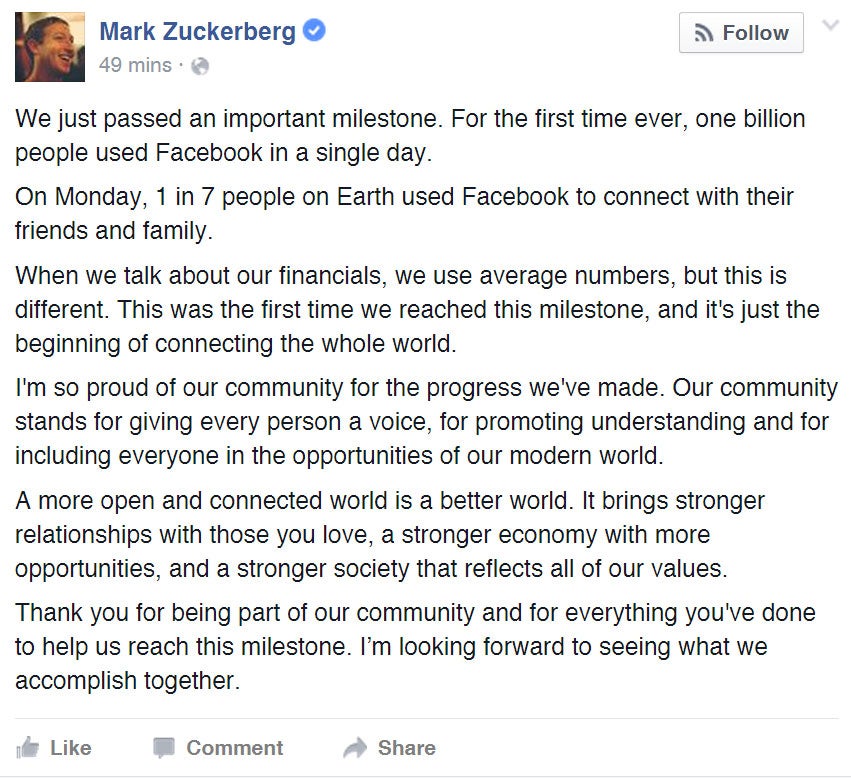 Zuckerberg made the announcement in a status update