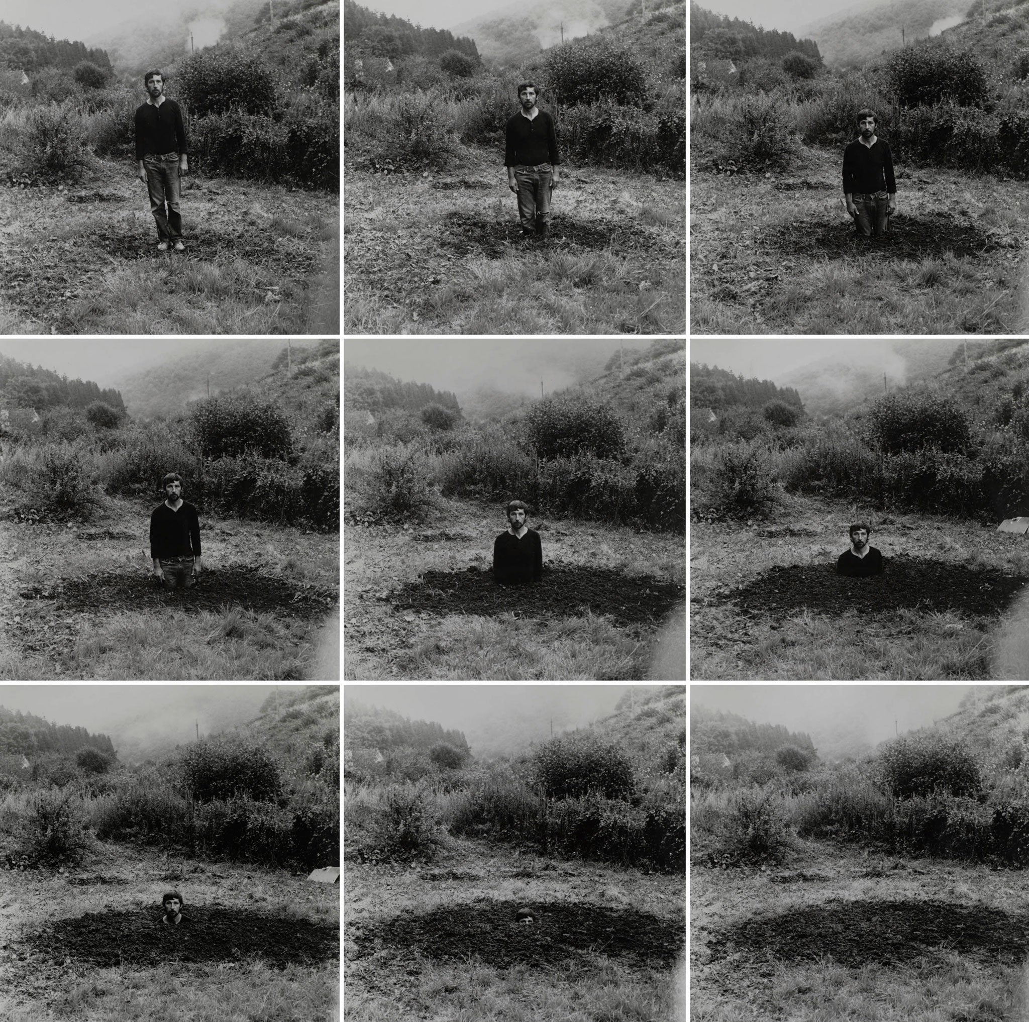 Included in a new exhibition about Arnatt is his 1969 self-portrait series 'Self-Burial'