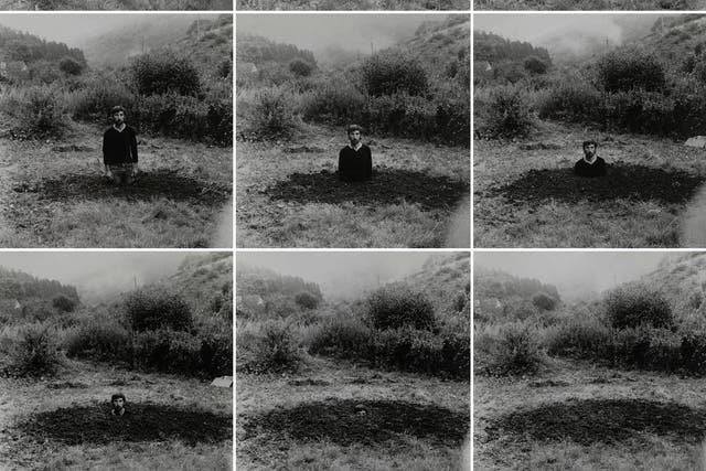 Included in a new exhibition about Arnatt is his 1969 self-portrait series 'Self-Burial'