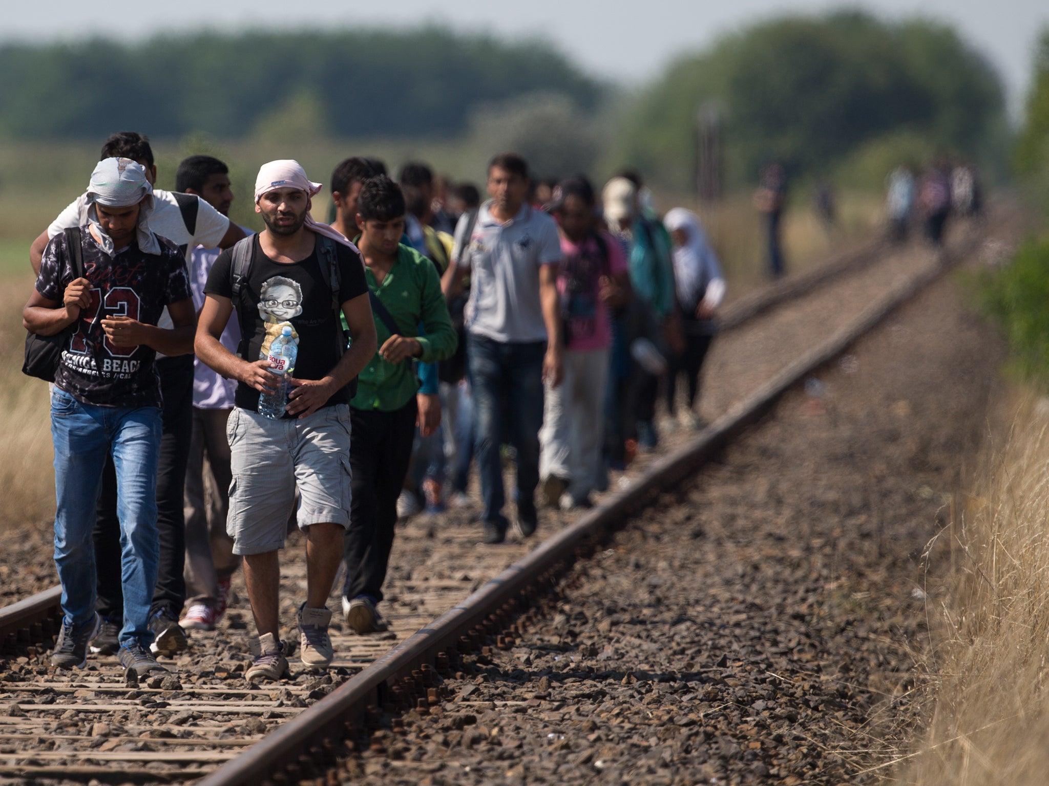 Migrants who have just crossed the border from Serbia into Hungary walk along a railway track that joins the two countries