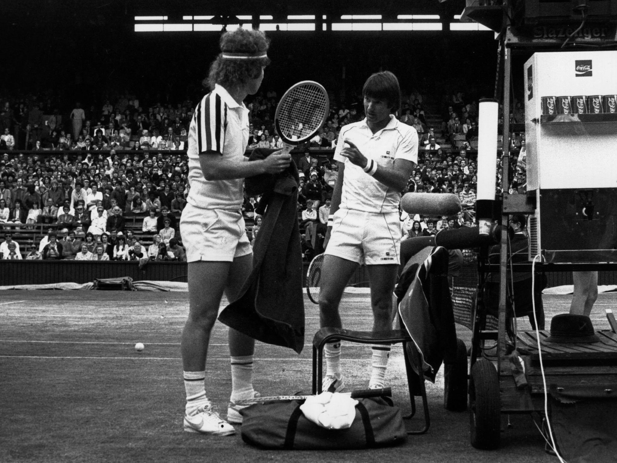 Jimmy Connors and John McEnroe have a frank exchange of views at Wimbledon in 1980