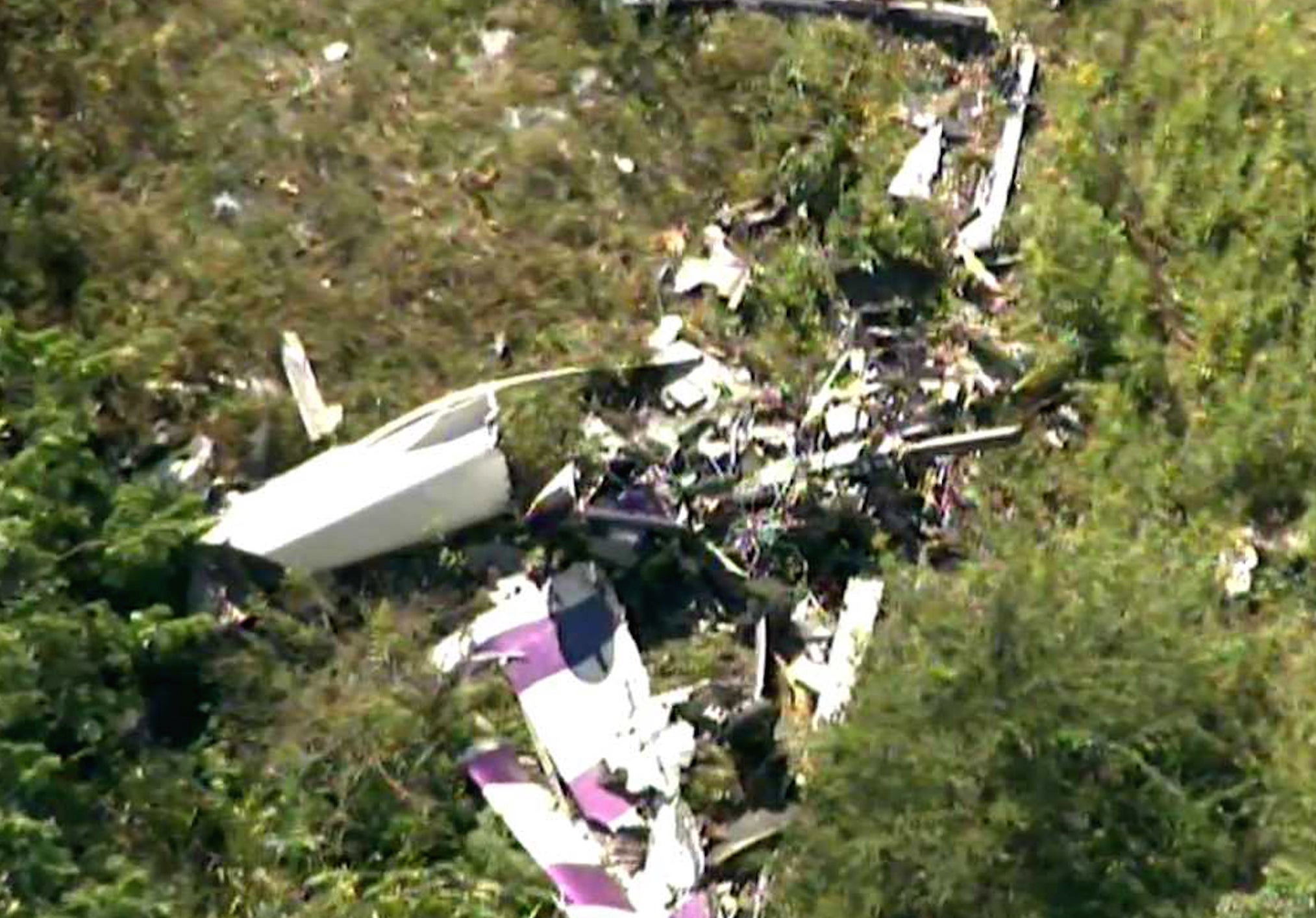 The wreckage of a stunt plane from WABC TV near Stuart Air Force Base in New York. (WABC/abc7NY.com/Associated Press)