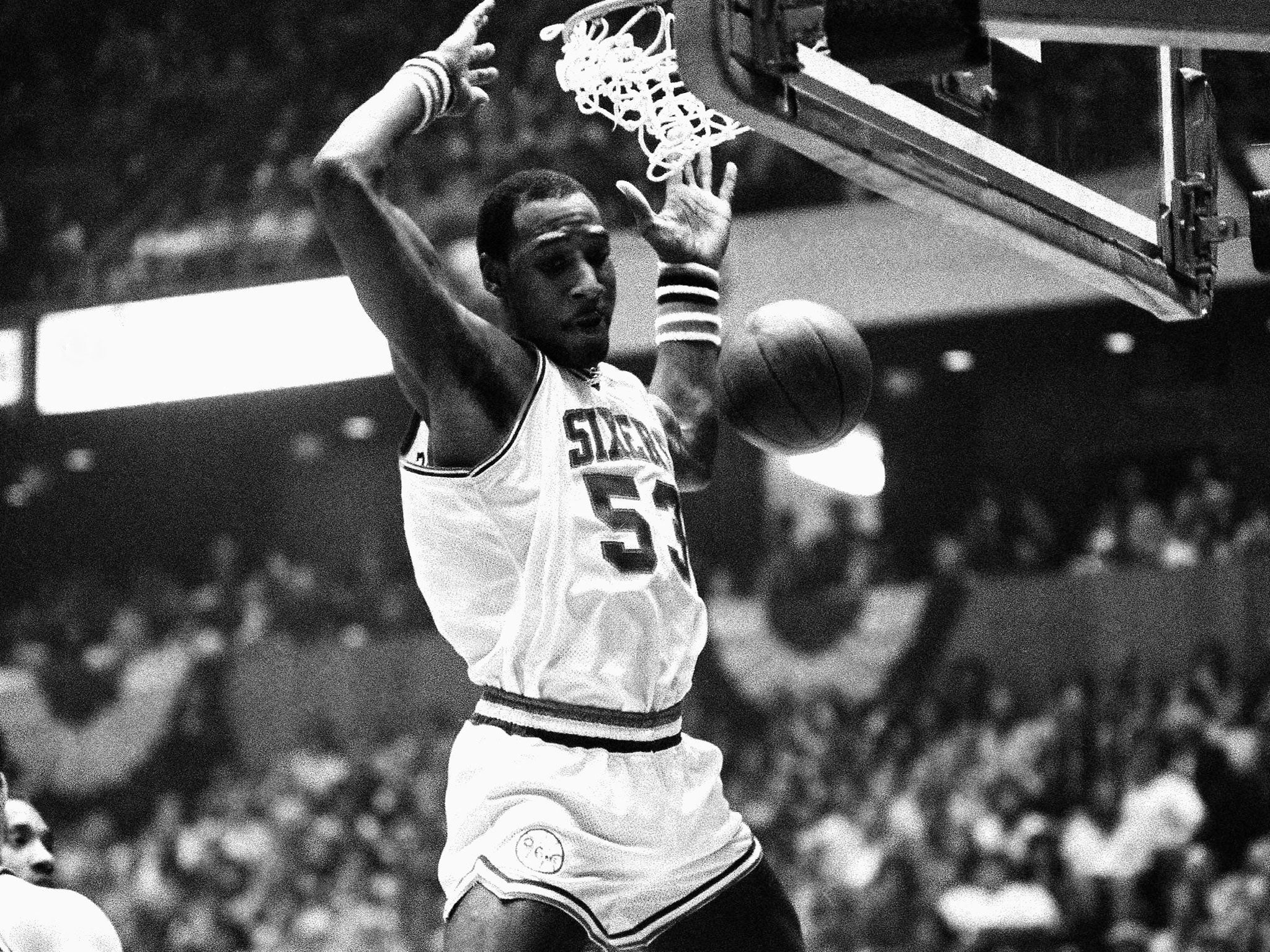 Darryl Dawkins dunks against the Atlanta Hawks in an NBA playoff game in Philadelphia in April 1980